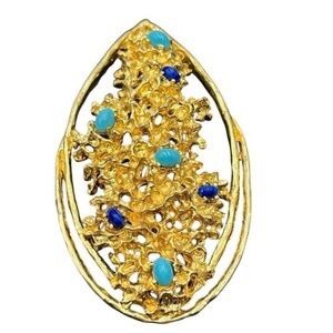 Vtg Panetta Brutalist Pendant Brooch Signed Faux Turquoise Lapis Cabochon Large